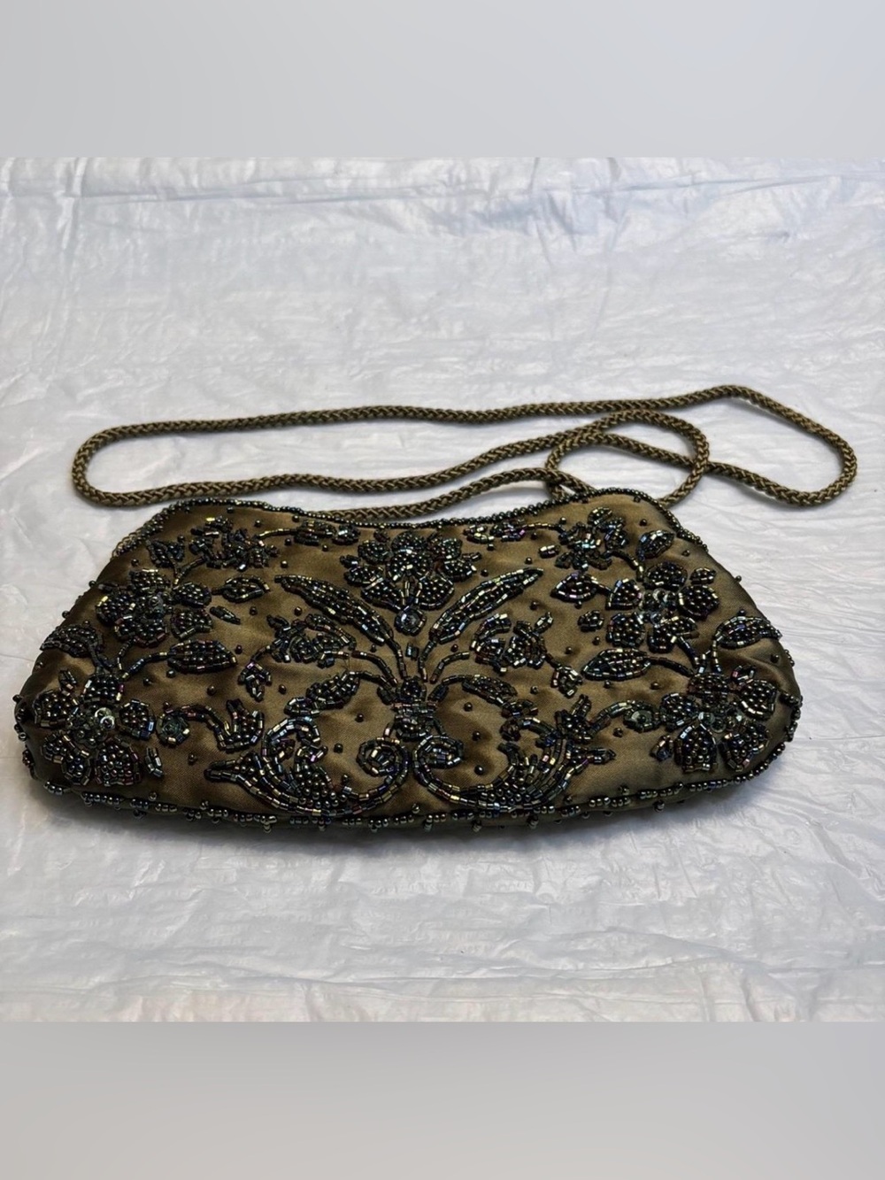Vintage Beaded Evening Bag Floral Purse Iridescent Seed Beads Mirror
